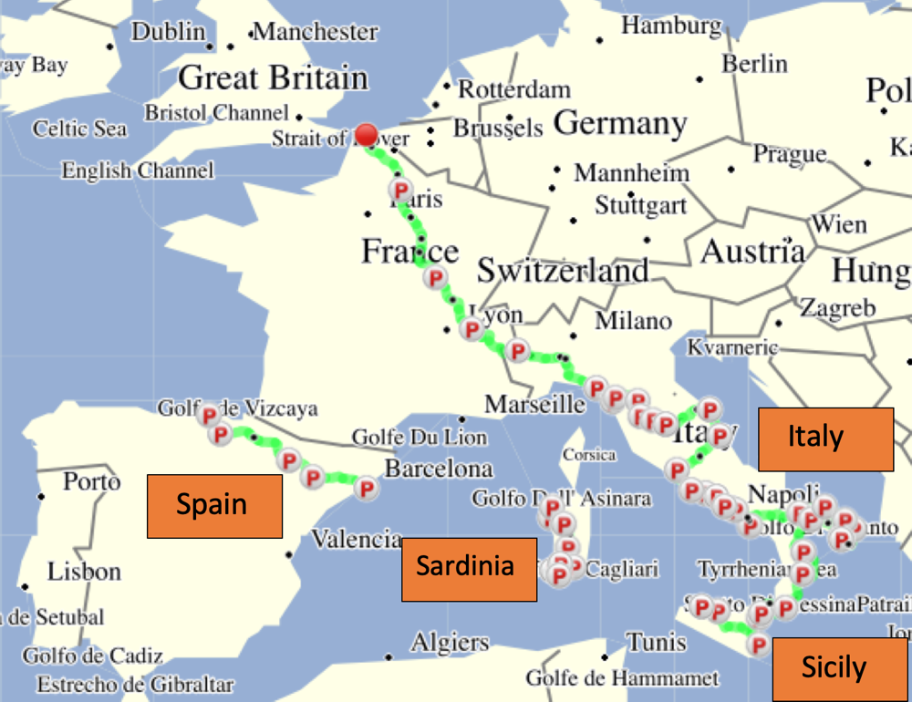 Map of our route through Italy, Sicily and Sardinia.