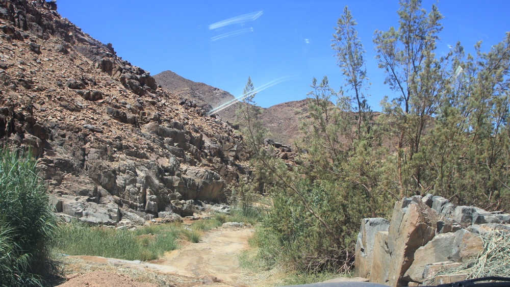 driving down a narrow, sandy stream valley.