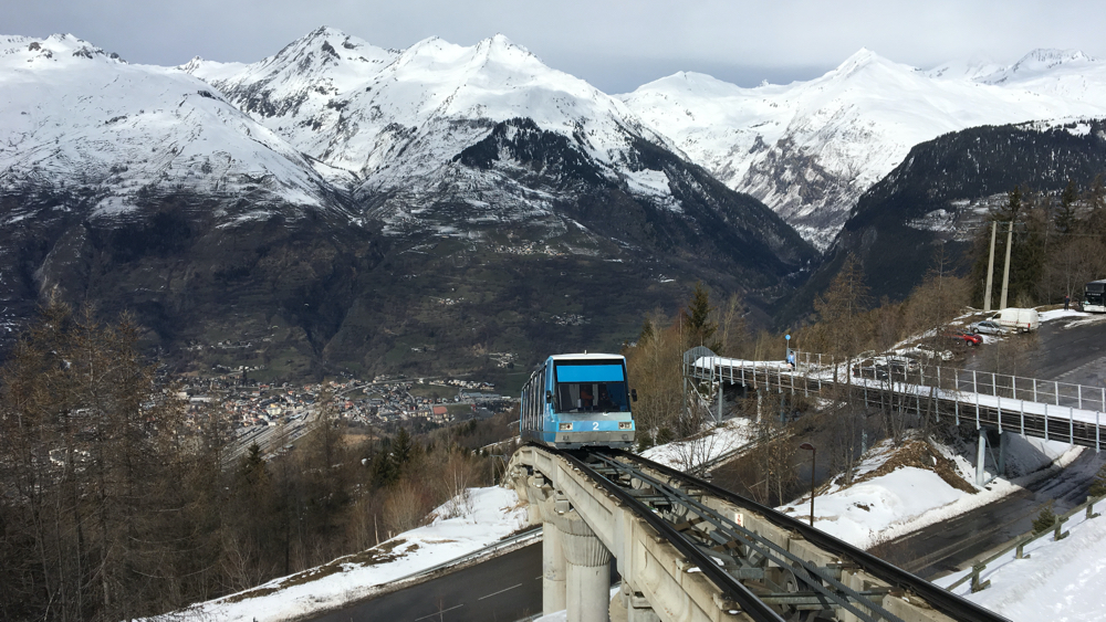 The funniculaire arriving at Les Arcs with Bourg-St-Maurice in the valley below.