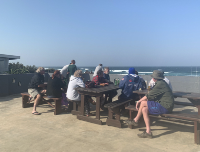 Sitting on the deck overlooking the beach.