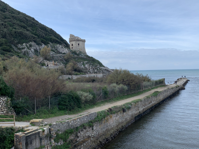 An old tower on a promontory.