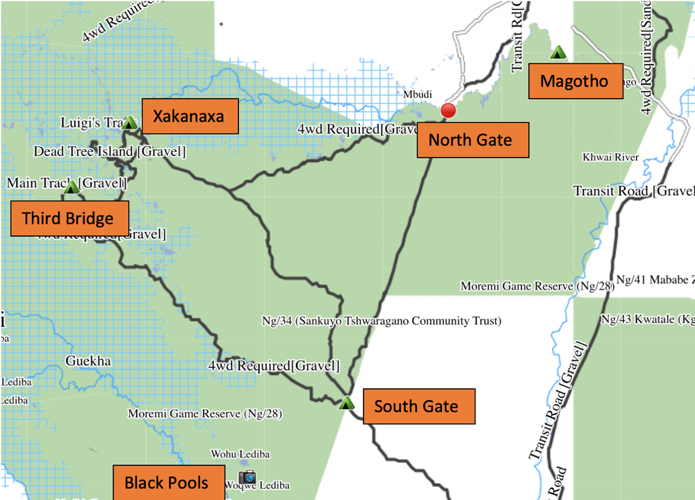 Map of Moremi and Khwai with campsites marked.