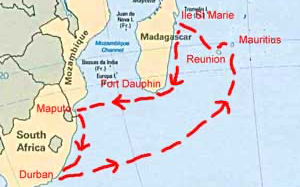 Map showing ship's route.